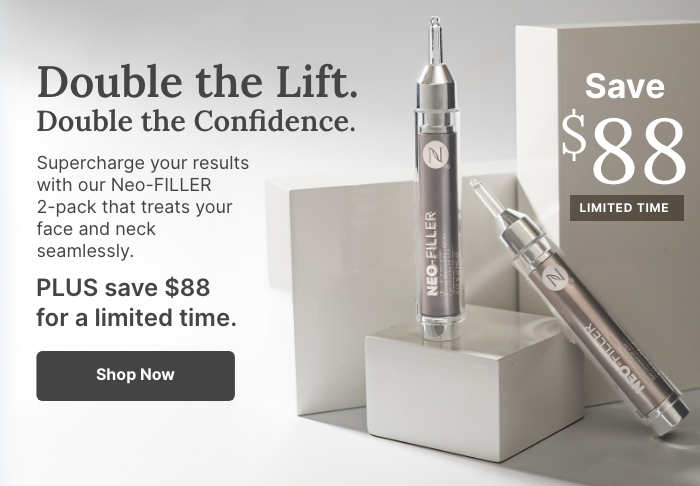 Two Neo-FILLER tubes displayed on white blocks with text reading, “Double the Lift. Double the Confidence.” It highlights a 2-pack with a limited-time $51 savings offer and a “Shop Now” button.